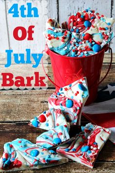 red, white and blue sprinkles in a bucket with the text 4th of july bark