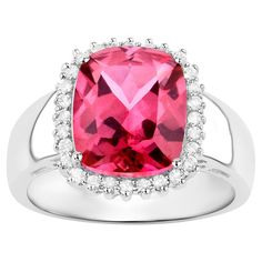 It comes with the Gemological Appraisal by GIA GG/AJP All Gemstones are Natural Hot Pink Topaz = 4.12 Carats 28 White Topazes = 0.28 Carats Metal: Rhodium Plated Sterling Silver Ring Size: 7* US *It can be resized complimentary Pink Topaz Ring, Halo 4, Pink Topaz, Modern Ring, Topaz Stone, Pink Ring, Topaz Ring, White Ring, White Topaz