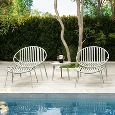 two white chairs sitting next to a swimming pool