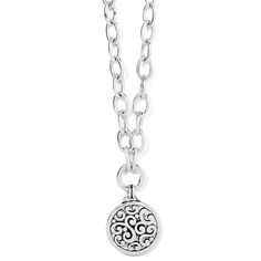 This circular pendant necklace with mesmerizing swirls and scrolls has the look of handmade silver artistry from Taxco, Mexico. Color: Silver Closure: Lobster Claw Length: 17" - 21" Adjustable Pendant Drop: 1 5/8" Finish: Silver plated Loop Pendant, Dangle Necklaces, Charm Necklace Silver, Brighton Jewelry, Handbag Charms, Silver Heart, All You Need Is, Handmade Silver, Brighton