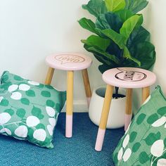 two small stools with plants in them on the floor next to pillows and cushions