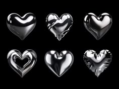 six shiny heart shaped objects are shown in this set, all on one black background