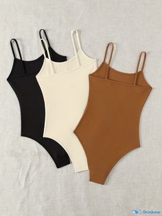 Orcajump - Solid Spaghetti Strap Bodysuit 3 Pack, Casual Sleeveless Cami Bodysuit, Women's Clothing Sleeveless Bodysuit With Adjustable Straps For Beach, Solid Cami Bodysuit With Lined Body, Solid Color Cami Bodysuit With Lined Body, Casual Sleeveless Stretch One-piece, Beach Bodysuit With Stretch And Wide Straps, Stretch Bodysuit With Wide Straps For Beach, Stretch One-piece Bodysuit With Straps, Sleeveless Bodysuit With Straps For Beach, Solid Stretch Cami Bodysuit