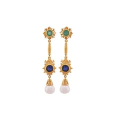 Emerald, Blue Sapphire & Pearl 14K Gold Vermeil Over Sterling Silver Earring 925 Silver = 8.00 gm. Emerald & Blue Sapphire=  6.60 ct. Sapphire is the birthstone for September and is a symbol of heaven. Emerald is the birthstone for May and is a symbol of rebirth and love. Pearl is the birthstone for June and is a symbol of good fortune and strength. The beautiful earring measures to be 2.10 inches long  and 0.50 inches wide at its maximum points. The earrings have been made by a team of highly t Luxury Blue Gold-plated Earrings, Blue Gemstone Gold Plated Earrings, Blue Gold-plated Fine Jewelry Earrings, Blue Gold Plated Fine Jewelry Earrings, Blue Hallmarked Dangle Earrings, Emerald Blue, Silver Earring, Sterling Silber, Gold Vermeil