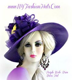 "Women's Purple Wide Brimmed Designer Fashion Hat, With Purple Flowers And Yellow Roses. This Kentucky Derby Hat, Is Suited For Dress, Weddings, Formals, Horse Races, Church, And Temple. We Specialize In Kentucky Derby Hats For Women, Dress Hats For Women Ladies Fashion Hats, Designer Hats For Weddings, Church Hats, Formal Hats, Kentucky Derby Hats, Hats For Horse Races, Preakness Hats, Belmont Stakes Hats, Wide Brim Hats, Satin Hats, Cocktail Hats, Wedding Fascinators, And Special Occasion Hats Fitted Purple Hat For Wedding, Fitted Purple Mini Hats For Wedding, Wedding Dress Hat, Yellow Rose Of Texas, Formal Wedding Dress, Special Occasion Hats, Statement Hat, Horse Races, Belmont Stakes