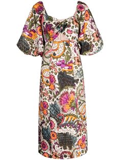 off-white/multicolour linen/flax/cotton all-over floral print square neck short puff sleeves straight hem mid-length Casual White Dress, Linen Midi Dress, Harvey Nichols, Vestido Casual, White Midi Dress, Printed Linen, Linen Dress, Fitted Bodice, Floral Print Dress