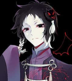 an anime character with black hair and red eyes