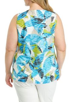 A subtle V-neckline and bright, bold print are showcased on this chic camisole from Kasper. | Kasper Women's Plus Size V-Neck Camisole, Azure, 1X Multicolor Printed V-neck Tank Top, Chic Camisole, Bold Prints, Plus Size, V Neck