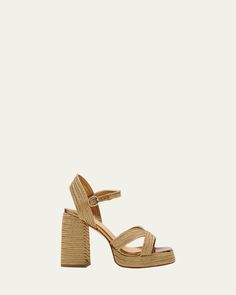 Castaner "Valle" metallic woven raffia platform sandals with leather trim    3.15 in / 80 mm covered block heel; 0.75 in / 20 mm platform    Open toe    Crisscross vamp    Adjustable ankle strap    Rubber outsole    Lining: Leather    Do not iron, dry clean    Made in Spain Woven Raffia, Espadrille Shoes, Platform Sandals, Leather Trims, Block Heels, Ankle Strap, Open Toe, Espadrilles, Tops Designs