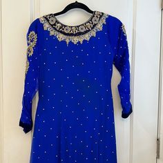 Excellent Condition Pishwas, Never Worn. Size Small Blue Floor-length Dress For Fancy Dress, Blue Floor-length Fancy Dress, Embellished Maxi Dress For Party And Festivals, Long Sleeve Gown For Festive Party Season, Festive Long Sleeve Gown For Party Season, Long Sleeve Festive Gown For Party Season, Party Wear Long Sleeve Celebration Dress, Anarkali Long Sleeve Maxi Dress For Party, Anarkali Maxi Dress With Long Sleeves For Party