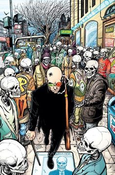 a man standing in front of a bunch of skulls on the street with a cane