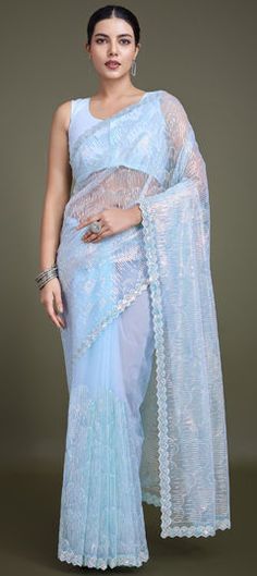 Blue color Saree in Net fabric with Embroidered, Sequence, Thread work Festive Light Blue Blouse Piece For Party, Festive Light Blue Blouse For Party, Festive Light Blue Party Blouse, Blue Embroidered Saree For Party, Party Blue Embroidered Saree, Party Embroidered Blue Saree, Embroidered Blue Blouse Piece For Party, Fitted Blue Embroidered Fabric For Reception, Blue Semi-stitched Embroidered Fabric For Reception