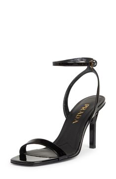 A sculptural heel with an iconic Prada triangular logo supports this minimalist ankle-strap sandal crafted of glossy calfskin leather. 3 1/2" (89mm) heel Adjustable ankle strap with buckle closure Leather upper, lining and sole Made in Italy Designer Shoes Prada Shoes Aesthetic, Black Designer Heels, Prada High Heels, Sculptural Heels, Black Wealth, Prada Heels, Fancy Heels, Prada Sandals, Cutout Heels