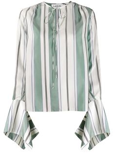 Lanvin Awning Stripe Blouse | Farfetch.com Soup Dishes, Stripe Blouse, Statement Sleeves, Black Friday Promotions, Woven Top, Green Blouse, Vertical Stripes, Striped Blouse, Curator Style