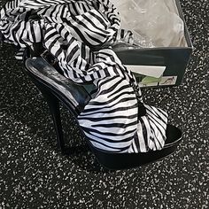 Super Cute! Brand New Tie Up Ankle Size 7.5 Zebra Print High Heel Zebra Print Party Heels, Black High Heels With Zebra Print, Chic Zebra Print High Heels, Spring Zebra Print High Heels, Black And White Round Toe Heels For Party, Zebra Heels, Printed Ties, Zebra Print, Shoes Women Heels