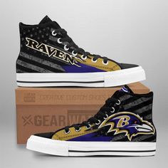 Step up your game day style with these Baltimore Ravens High Top Canvas Shoes Custom For Fans! Designed for true Throwback High-top Sneakers For Sports, Throwback High-top Sneakers For Sports Season, Throwback High-top Sneakers For Sports Events, Throwback High-top Athletic Sneakers, Casual Mid-top Sneakers For Sports Events, Casual High-top Sneakers For Sports Events, Casual Low-top Team-colored Basketball Shoes, Casual White Basketball Shoes For Sports Events, Casual Custom Lace-up Sneakers For Sports Season