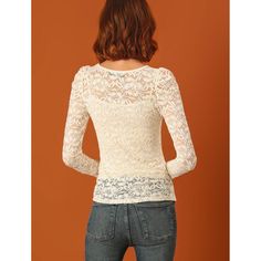 Add some romance to your look with this sheer lace top. The slightly stretchy fabric creates a breezy, textural base for this lace top, which is accented with long sleeves for a feminine dimension. A cami top should be worn, which is not included in this garment. This sheer top has a feminine design of floral lace and long puff sleeves. A semi-sheer top features an allover floral lace design, a round neck, and long sleeves. Great for simple but trendy pants or skirts. Feminine Lace Patchwork Stretch Top, Feminine Stretch Lace Patchwork Top, Non-stretch Lace Top For Spring, White Stretch Lace Top, Spring Stretch Lace Top With Patchwork, Non-stretch Lace Trim Top For Spring, Spring Stretch Lace Patchwork Top, Lace Patchwork Tops For Fall, Fitted Lace Mesh Top With Lace Trim