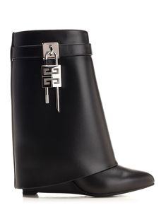 "Shark Lock" ankle boots in black calfskin from Givenchy, with iconic 4G Lock in silver finish. Almond toe, covered wedge heel, hidden zip with leather zip puller inside the foot. Givenchy Shark, Ankle Boots For Women, Zip Puller, Best Wallet, Wallet Bag, Pump Sandals, Boots For Women, Shirt Accessories, Lace Up Shoes