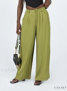 Lasaky - Khaki Wide Leg Pants - A Plazzo Exclusive Versatile Green Trousers, Versatile Green High-waisted Wide Leg Pants, Green Solid Wide-leg Pants, Versatile Green Wide-leg Pants, Chic Baggy Green Pants, Chic Green Baggy Pants, High Waist Green Dress Pants With Pockets, Green Casual Dress Pants For Summer, Green High Waist Dress Pants With Pockets