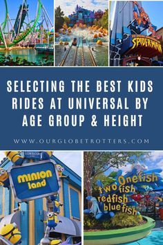 collage of images from universal theme park in orlando showing kids rides Orlando Theme Parks Travel Tips, Universal Studios Gift Reveal, Universal Studios Orlando Rides, Universal Studios Rides, Orlando Parks, Adventure Theme