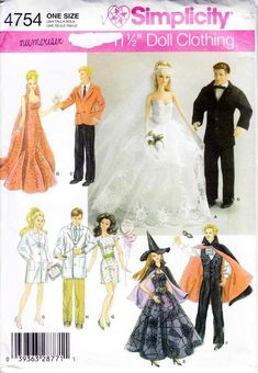 an adult and child's wedding gown, tuxedo jacket, dress with sleeves, tie, cape, hat, and sash sewing pattern