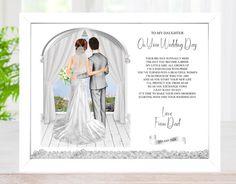 a wedding card with an image of a bride and groom