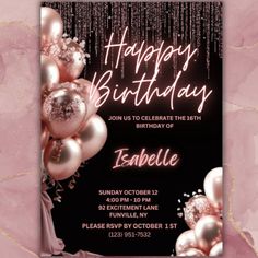 a birthday party with balloons and streamers on the pink marbled background is featured in this image