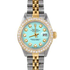 SKU#: 6917-TT-TRQ-DIA-AM-BDS-JBLPre-Owned Rolex 6917 Ladies 26mm Datejust Watch, Custom Turquoise Diamond Dial & Custom 1ct Diamond Bezel on Rolex Yellow Gold & Stainless Steel Jubilee Band Model#: 6917 Case: Rolex 26mm Stainless Steel Case Movement: Rolex Automatic 2035 Caliber Dial: Custom Turquoise Dial with Diamond Hour Markers (Not Made by Rolex) Bezel: Custom 1ct Diamond Bezel (Not Made by Rolex) Band: Rolex Yellow Gold & Stainless Steel Jubilee Band This Beautiful Watch Comes Fully Servic Rolex 26mm, Bracelet Original, Watches Women Michael Kors, Bezel Bracelet, Rolex Models, Pre Owned Rolex, Wedding Watch, Champagne Diamond, Pearl Diamond