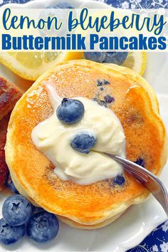 lemon blueberry buttermilk pancakes on a white plate