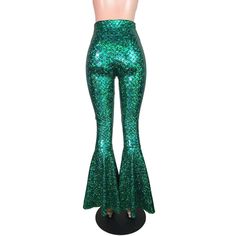 Holographic Green Mermaid Bell Bottoms High-Waisted style with 34" inseam Perfectly fitted and flattering to your body High-quality 4-way stretch holo spandex Handmade in the USA Made of stretchy metallic mermaid scale print in green - these high-waisted mermaid bell bottoms will fit you perfectly. They hug your hips and flare out at the feet. This color is stunning! The inseam is 34" (the mannequin is 5'8") and can be customized by specifying in the personalization box. Party High Waist Stretch Leggings, Stretch High-waist Leggings For Party, Glamorous Tight Bottoms For Night Out, Full Length High Stretch Party Leggings, Party Sequin Stretch Leggings, Stretch Sequin Disco Bottoms, Disco Stretch Bottoms With Sequins, Fitted Full-length Leggings For Party, Tight Full-length Party Bottoms