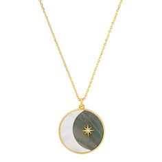 Mother of Pearl and Abalone, gold plated brass, CZ Chain is 16 inches, adjustable to 18 inches SKU: TN-3671 (G) Star And Moon Necklace, Necklace Stack, Star Charm Necklace, Unique Pendant Necklace, Crescent Moon Pendant, Moon Pendant Necklace, Mother Of Pearl Necklace, Round Necklace, Evil Eye Pendant