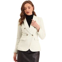 Tweed designed makes blazer more fashion and elegant. Suit for daily wear, office business wear in spring, fall and winter, it's cute and elegant. Wear this outerwear with basic t-shirt, camisole, tank top or shorts, jeans, high-waisted pants for an ultra classic chic look. Pretty up your look with this tweed blazer. Office Lady Blazer With Double Button Closure, Double Button Office Lady Blazer For Business, Fall Business Blazer For Office Lady, Office Lady Blazer For Business In Fall, Fall Office Lady Blazer, Office Lady Style Business Blazer For Fall, Business Casual Outerwear With Suit Collar, Office Lady Outerwear With Suit Collar, Tailored Professional Outerwear