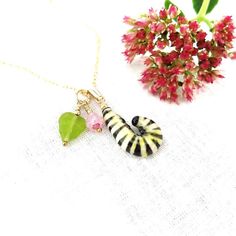 Ceramic Monarch Caterpillar Pendant, Pottery Butterfly Lover Necklace, Mother's Day Gift, Metamorpho Whimsical Green Charm Necklace For Gift, Monarch Butterfly Jewelry, Butterfly Caterpillar, Butterfly Chrysalis, Monarch Caterpillar, Necklace Butterfly, Monarch Butterflies, Lovers Necklace, Garden Jewelry