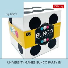 a box that has some dice on it with the words bunco party in front of it