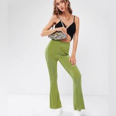 Zaful High Rise Bell Bottom Party Pants - Light Green, Size M New In Bag. Pants Type: Pull On Pants Fit Type: Skinny Length: Normal Closure Type: Elastic Waist Material: Polyester,Polyurethane Material Stretch: High Stretch Pattern Type: Solid Color Waist Type: High Bundle & Save Approx Measurements: Length 41” Inseam 32” Rise 91/2” Approx Stretch In Band- It’s Very Flexible Waist 13” Unstretched/15-16”Stretched A8-269 Trendy Green Non-stretch Wide Leg Pants, Trendy High Waist Leggings For Party, Summer Flare Stretch Leggings, Flare Stretch Leggings For Summer, Green Stretch Wide Leg Pants For Spring, Spring Party Stretch Leggings, Green High Waist Non-stretch Pants, Non-stretch High Waist Green Pants, Casual Flare Leggings For Spring