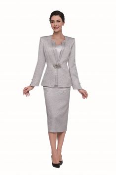 Serafina 4335 silver skirt suit Elegant Stretch Suits, Elegant Long Sleeve Stretch Suits, Elegant Stretch Party Set, Elegant Stretch Sets For Party, Fitted Long Sleeve Sets For Semi-formal Occasions, Elegant Long Sleeve Fall Sets, Elegant Semi-formal Sets For Spring, Elegant Evening Sets For Fall, Elegant Stretch Sets For Wedding