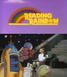 the title for reading rainbow with an image of a cartoon character sitting on a banana