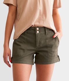 BKE Mollie Stretch Cuffed Short - Green 30/Midi 4-6, Women's Darkolive Mid-rise Slim through the hip and thigh 4 cuffed midi short 5 uncuffed Faux flap snap back pockets. 66% Cotton 21% Polyester 11% Rayon 2% Spandex. Machine wash separately in cold water. Do not bleach. Tumble dry low. Iron low. Do not dry clean. Apparel & Accessories > Clothing > Shorts Outfit Suggestions, Olive Green Shorts, School Pictures, Cuffed Shorts, Snap Back, Khaki Shorts, Accessories Clothing, Low Iron, Outfits Summer