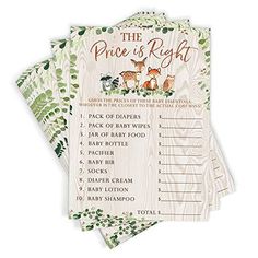 the price is right baby shower game with deers and leaves on wooden boards, set of 3