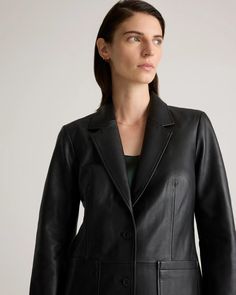 100% Leather Blazer Sleek Leather Outerwear With Hidden Button Closure, Timeless Fitted Leather Jacket, Fitted Timeless Leather Jacket, Tailored Leather Jacket For Fall, Classic Leather Jacket With Double Button For Business, Classic Business Leather Jacket With Double Button, Classic Leather Long Sleeve Blazer, Classic Leather Blazer For Semi-formal Occasions, Tailored Leather Long Sleeve Outerwear