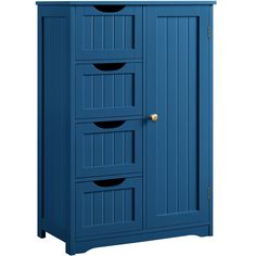 a blue cabinet with three drawers on the bottom and one door open to reveal its contents