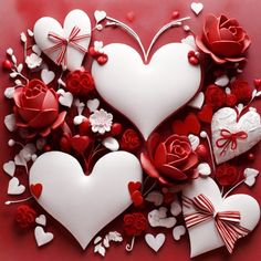 valentine's day wallpaper with paper hearts and roses on red background, top view