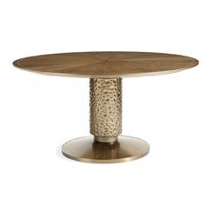 a round wooden table with an intricate design on the top and metal pedestals, against a white background