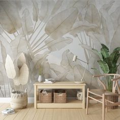 Tropical Leaf Wallpaper Mural - Neutral Tones Wall Mural Banana Leaf Wallpaper, Banana Leaves, Watercolor Wallpaper, Leaf Wallpaper, Wallpaper Mural, Banana Leaf, Wallpaper Panels, Vinyl Wallpaper, Neutral Colour Palette