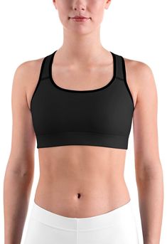 This gorgeous sports bra is made from moisture-wicking material that stays dry during low and medium intensity workouts. The bra has support material in the shoulder straps, double layer front, and a wide elastic band to ensure constant support. Sports Bra With Built-in Padding For Training, Workout Racerback Bra With Built-in Padding, Supportive Racerback Sports Bra With Built-in Padding, Technical High Stretch Sports Bra With Built-in Padding, Technical Sports Bra With Built-in Padding In Nylon, Nylon Sports Bra With Built-in Bra For Training, Compression Sports Bra With Built-in Padding For Sports Events, Black Technical Activewear With Built-in Padding, Sporty Black Sports Bra With Built-in Bra