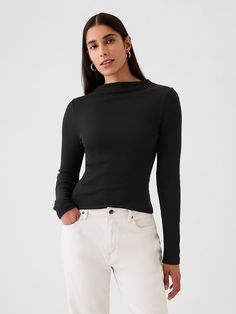 Modern Rib Funnel-Neck T-Shirt Trendy Everyday Gap Tops, Fitted Gap T-shirt, Fitted Gap T-shirt For Everyday, Gap Relaxed Fit Tops For Fall, Trendy Stretch Tops By Gap, Trendy Stretch Tops From Gap, Gap Fitted Tops For Fall, Everyday Black Tops By Gap, Gap Crew Neck Tops For Fall