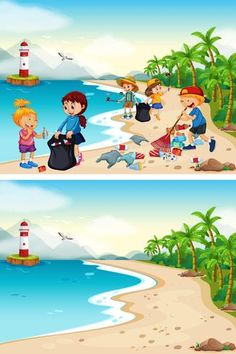 kids playing at the beach near the lighthouse with their bags and fishing rods illustration