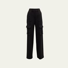 Veronica Beard "Saul" crepe straight-leg cargo pants  Approx. 11.4" rise; 34" inseam; 23.5" outseam High rise Four-pocket style; cargo pockets Tailored fit Full length Concealed button/zip fly; belt loops Polyester/elastane Unlined Dry clean Imported Luxury Black Bottoms With Cargo Pockets, Black Stretch High-waisted Cargo Pants, High-waisted Black Cargo Pants With Multiple Pockets, Luxury Black Cargo Pants With Pockets, Black Ankle-length Cargo Pants With Belt Loops, Style Cargo, Veronica Beard, Cargo Pants, Straight Leg