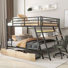 a bunk bed with a desk underneath it in a room that has white walls and wood flooring