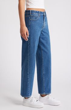 Take it easy in relaxed straight-leg jeans featuring asymmetric seams and made from nonstretch denim for an authentic look. 29" inseam; 17 1/2" leg opening; 10 3/4" front rise; 15 1/2" back rise Zip fly with button closure Five-pocket style 85% cotton, 15% viscose Machine wash, tumble dry Imported Rigid Denim Flare Jeans With Straight Hem, Relaxed Fit Wide Leg Cropped Jeans In Recycled Denim, Relaxed Fit Flare Jeans With Straight Hem, Wide Leg Cropped Jeans In Recycled Denim, Medium Wash Straight Hem Rigid Denim Jeans, Medium Wash Rigid Denim Jeans With Straight Hem, Straight Fit Rigid Denim Cropped Jeans, Straight Fit Cropped Jeans With Rigid Denim, Everyday Straight Hem Denim Jeans